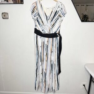 Eshakti V-Neck Stripe Waist Tie Maxi Dress Womens XL - 18 Blue Orange Boho Beach